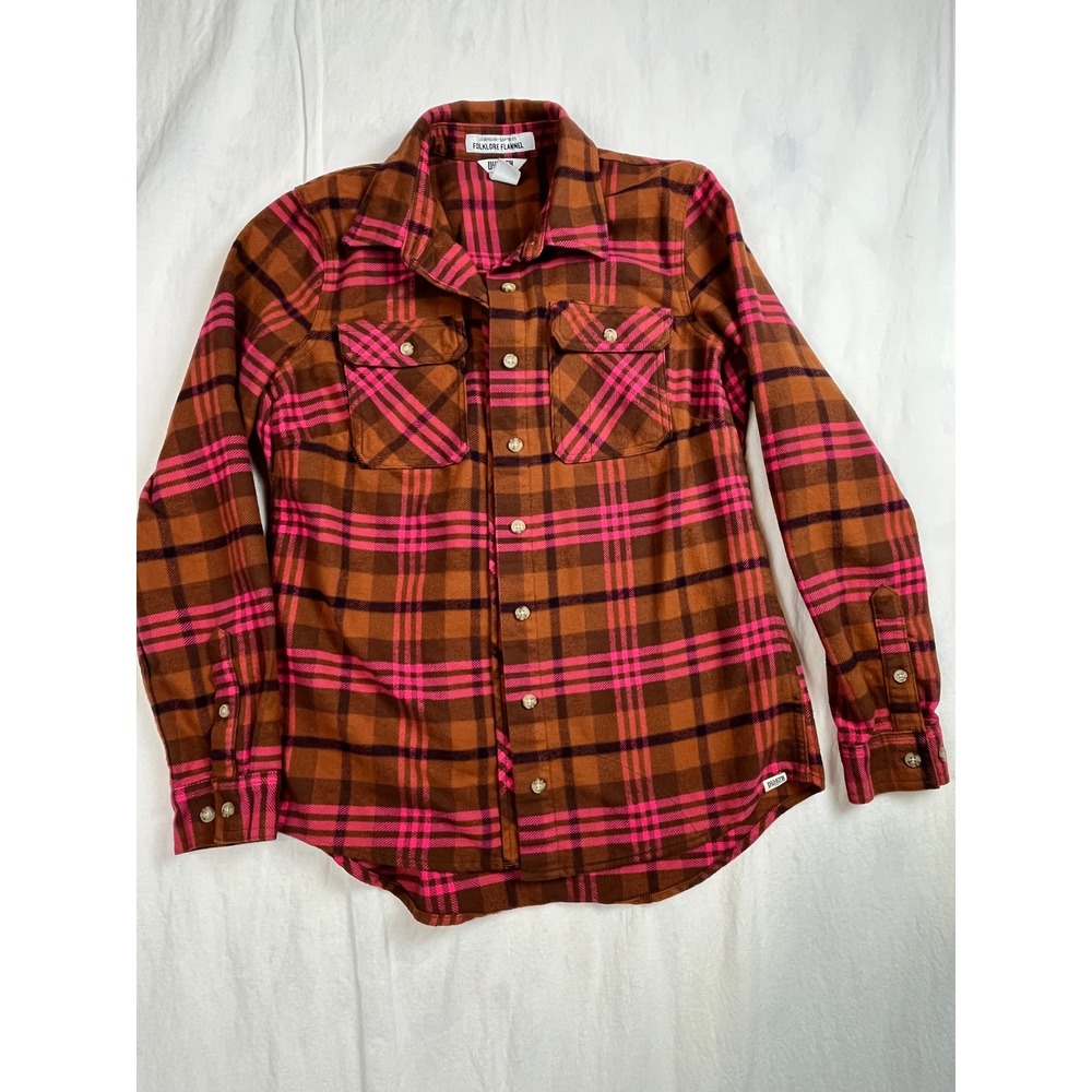 Duluth Trading Co Folklore Flannel Shirt Womens Small Brown Pink Plaid Button Up
